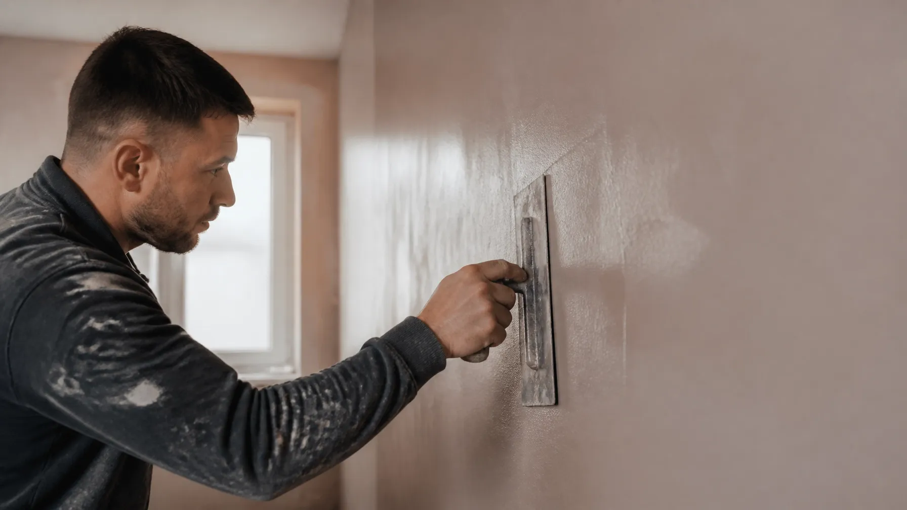 Plasterer skimming a freshly plastered wall