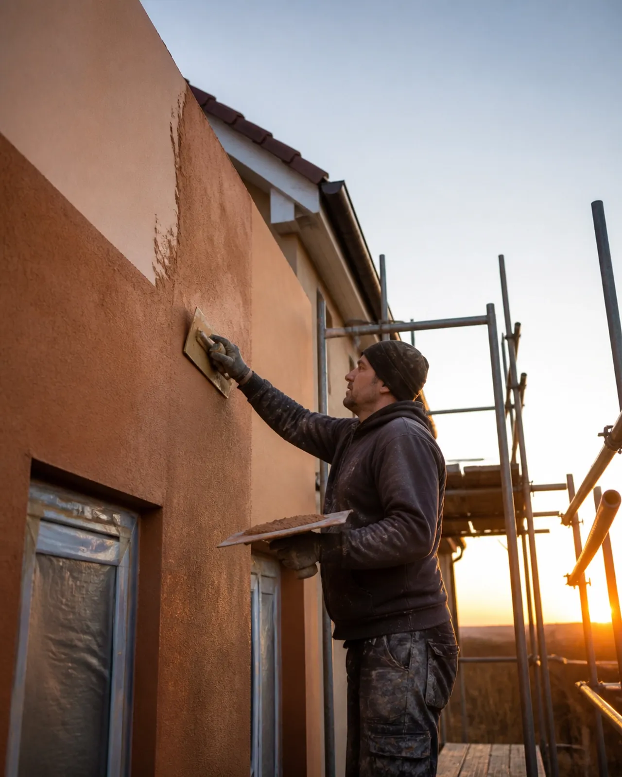 Applying warm-toned silicone render and external wall insulation to a house